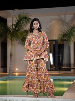 Yufta - Beige Cotton Peplum Kurta With Sharara (Set of 2)