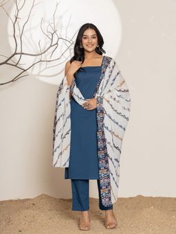 Yufta - Navy Blue Solid Cotton Straight Kurta & Pant With Dupatta (Set of 3)