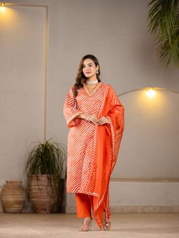 Yufta - Orange Leheriya Print Cotton Straight Kurta With Pant & Dupatta (Set of 3)