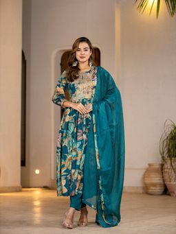 Yufta - Teal Floral Print Malmal Anarkali Kurta With Pant & Dupatta (Set of 3)