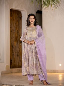 Yufta - Lavender Floral Print Malmal Anarkali Kurta With Pant & Dupatta (Set of 3)