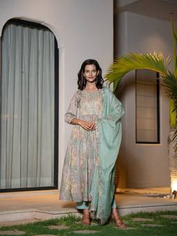 Yufta - Sea Green Floral Print Malmal Anarkali Kurta With Pant & Dupatta (Set of 3)
