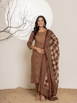 Yufta - Brown Printed Cotton Straight Kurta With Pant & Dupatta (Set of 3)