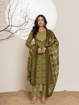 Yufta - Green Printed Cotton Straight Kurta With Pant & Dupatta (Set of 3)