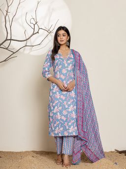 Yufta - Cotton Floral Blue Kurta With Dupatta & Pant (Set of 3)