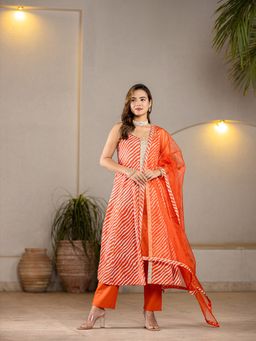 Yufta - Cotton Leheriya Orange Anarkali Kurta With Pant & Dupatta (Set of 3)