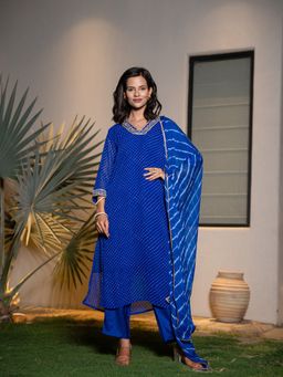 Yufta - Blue Georgette Printed Kurta With Pant & Dupatta (Set of 3)