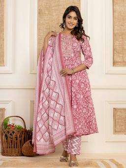 Yufta - Blush Pink Floral Print Anarkali Kurta & Pant With Dupatta (Set of 3)