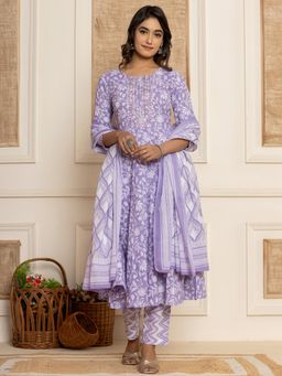 Yufta - Purple Floral Print Style Anarkali Kurta & Pant With Dupatta (Set of 3)