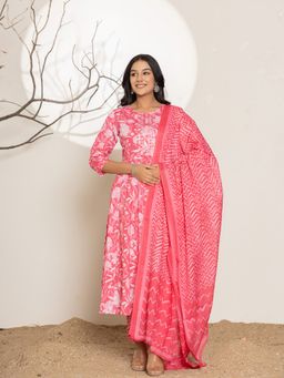 Yufta - Pink Floral Print Embroidered Cotton Anarkali Kurta With Pant & Dupatta (Set of 3)