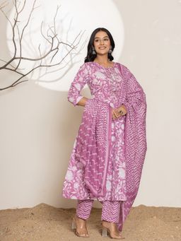 Yufta - Purple Floral Print Embroidered Cotton Anarkali Kurta With Pant & Dupatta (Set of 3)