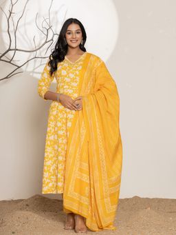 Yufta - Yellow Embroidered Cotton Anarkali Kurta With Pant & Dupatta (Set of 3)