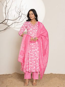 Yufta - Pink Embroidered Cotton Anarkali Kurta With Pant & Dupatta (Set of 3)