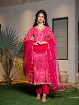 Yufta - Pink Leheriya Print Cotton A-Line Anarkali Kurta With Pant & Dupatta (Set of 3)