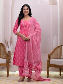 Yufta - Pink Floral Print Cotton A-Line Kurta With Pant & Dupatta (Set of 3)