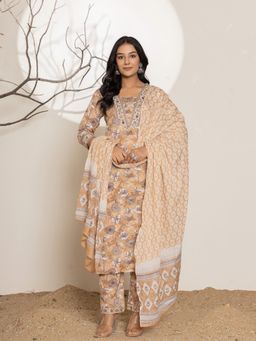 Yufta - Mustard Floral Print Cotton Straight Kurta With Pant & Dupatta (Set of 3)