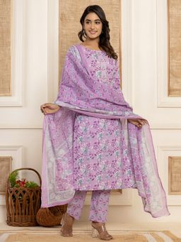 Yufta - Purple Floral Print Cotton Straight Style Kurta & Pant With Dupatta (Set of 3)
