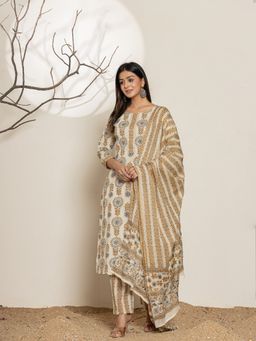 Yufta - Grey Floral Print Cotton Straight Samosa Kurta With Pant & Dupatta (Set of 3)