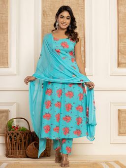 Yufta - Blue Floral Print Cotton A-Line Style Anarkali Kurta & Pant With Dupatta (Set of 3)
