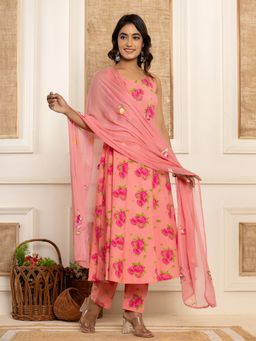 Yufta - Peach Floral Print Cotton Anarkali Kurta & Pant With Dupatta (Set of 3)