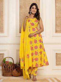 Yufta - Yellow Floral Print Cotton Anarkali Kurta & Pant With Dupatta (Set of 3)