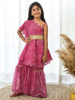 Hopscotch - Girls Pink Leheriya Print One Shoulder Kurta and Sharara Ethnic Set with Belt