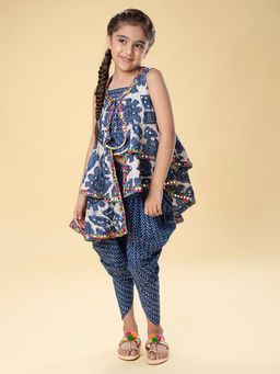 Hopscotch - 3-Piece Mirror Work and Ethnic Print Blouse, Dhoti and Shrug