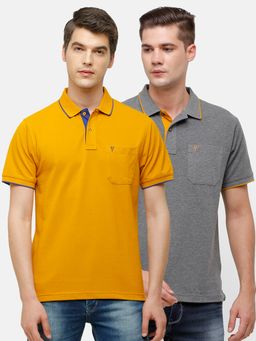 Classic Polo - Men Solid Grey & Yellow Cotton Blend Regular Fit Polo T-Shirts (Pack of 2)