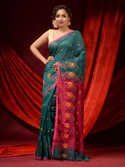 CHARUKRITI - Teal Blended Cotton Handwoven Ethnic Motifs & Floral Borders Saree with Unstitched Blouse