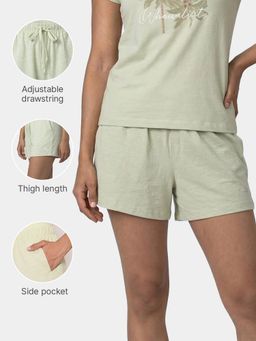 Enamor - Drawstring Mid Rise Mid Thigh Cotton Basic Green Shorts