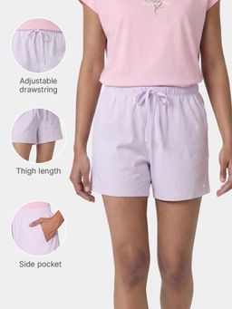 Enamor - Drawstring Mid Rise Mid Thigh Cotton Basic Purple Shorts