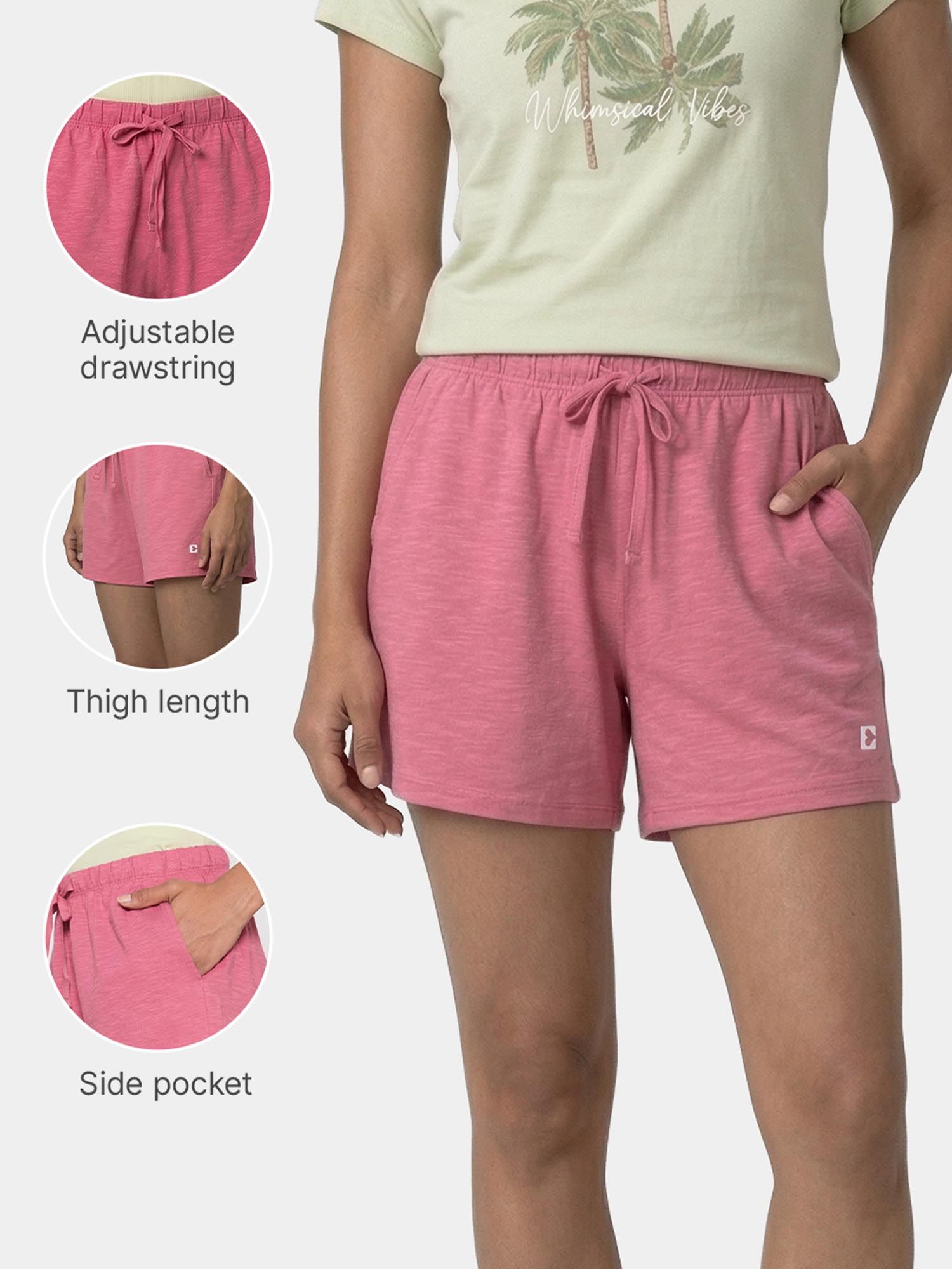 enamor Drawstring Mid Rise Mid Thigh Cotton Basic Pink Shorts-picture-15