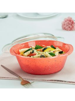 Borosil - 1 L Kube Pink Round Deep Borosilicate Glass Casserole with Flat Lid