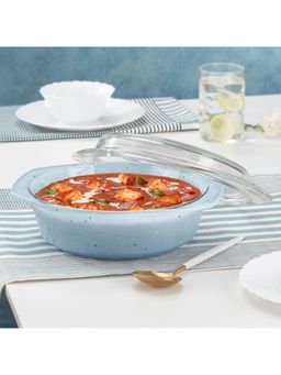 Borosil - 1.5 L Blue Round Deep Bakeware & Serveware Borosilicate Glass Casserole with Flat Lid