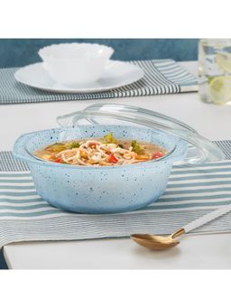 Borosil - 1 L Blue Round Deep Bakeware & Serveware Borosilicate Glass Casserole with Flat Lid