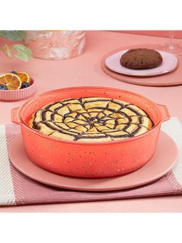 Borosil - 1.2 L Kube Pink Baking & Serving Borosilicate Glass Round Shape Cake Dish with Handle