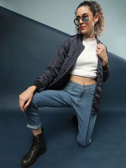 Campus Sutra - Blue Women Solid Stylish Casual Bomber Jacket