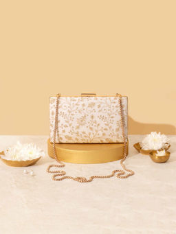 AMYRA - Off White Antaria Embroidered Clutch with Detachable Chain