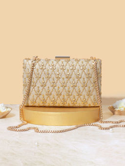 AMYRA - Gold Anya Embroidered Box Clutch with Detachable Chain
