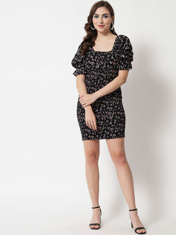 Trend Arrest - Black Floral Print Smocking Dress