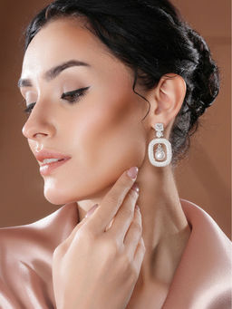 Saraf RS Jewellery - Silver Plated Ad Studded Geometric Link Pearl Charm Dangling Earrings