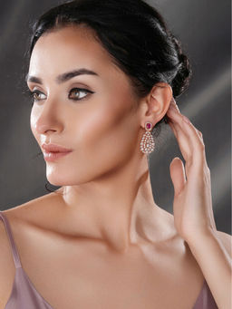 Saraf RS Jewellery - Rose Gold Plated Ruby Red Ad Studded Luxe Drop Earrings