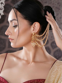 Saraf RS Jewellery - Kemp Stone Studded Pearl Lakshmi Ji Design Temple Earrings With Ear Chain