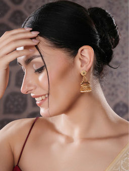 Saraf RS Jewellery - Gold Finish Green Kempo Studded Peacock Design Temple Jhumka Earrings