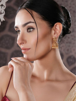 Saraf RS Jewellery - Gold Finish Red Kempo Studded Nagas Goddesslakshi Design Temple Jhumka Earrings