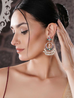 Saraf RS Jewellery - Silver Oxidised Plated Red And Green Ad Studded Chandbali Earrings