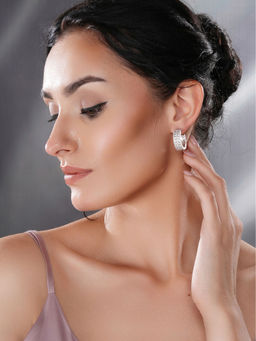 Saraf RS Jewellery - White Rhodium Ad Studded C Shaped Minimal Bali Hoops Earrings