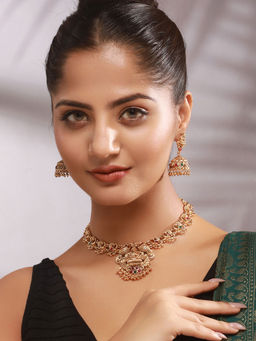 Saraf RS Jewellery - Elegant Gold Plated Floral Necklace Jewellery Set With Matching Earrings