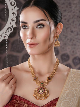 Saraf RS Jewellery - Gold Plated Multi-Color Kempo Temple Floral Peacock Jewellery Set