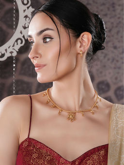 Saraf RS Jewellery - Gold Plated Beads Delicate Temple Lakshmi Pendedn Minimal Jewellery Set